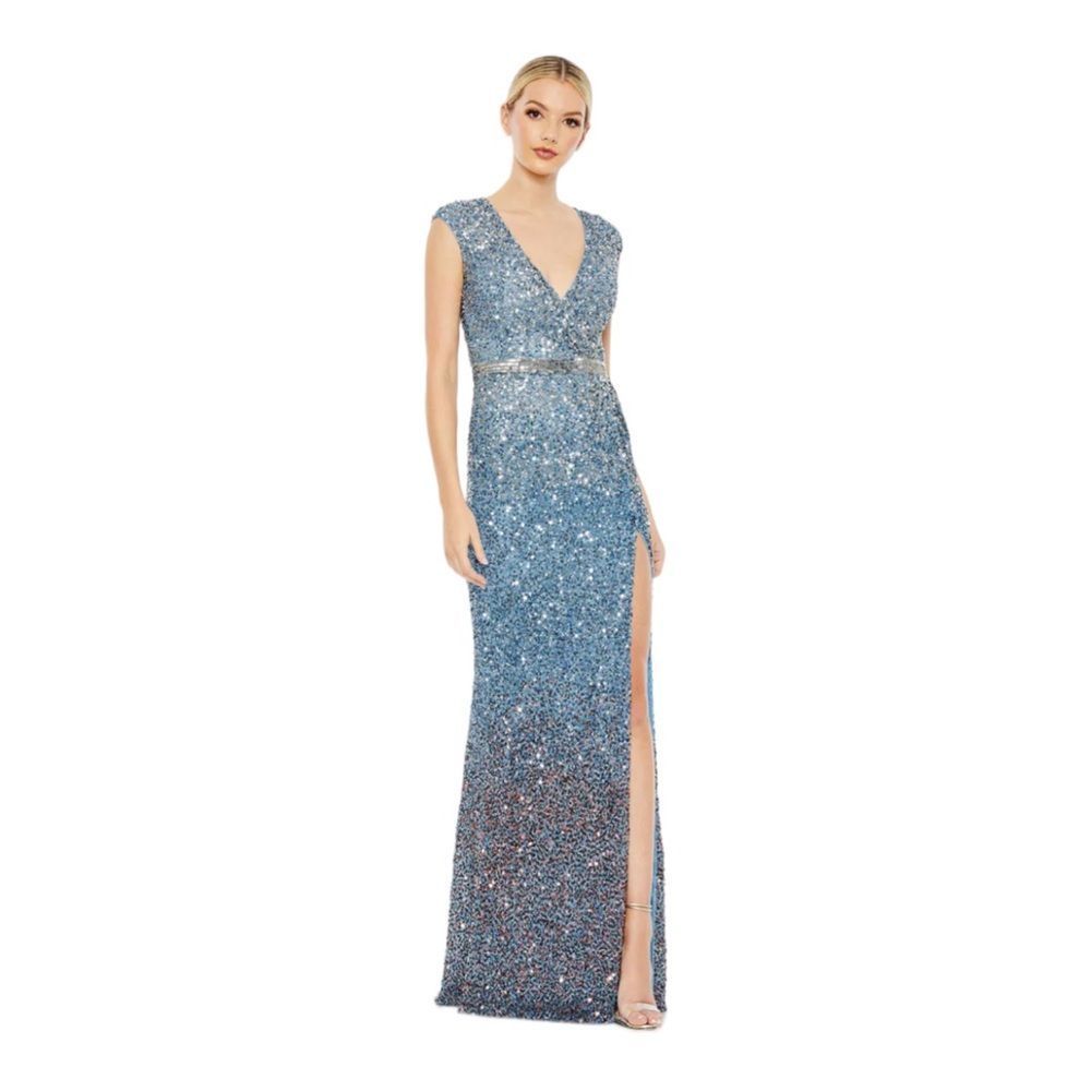 Mac Duggal Cap Sleeve High Slit Sequin Gown Size 12